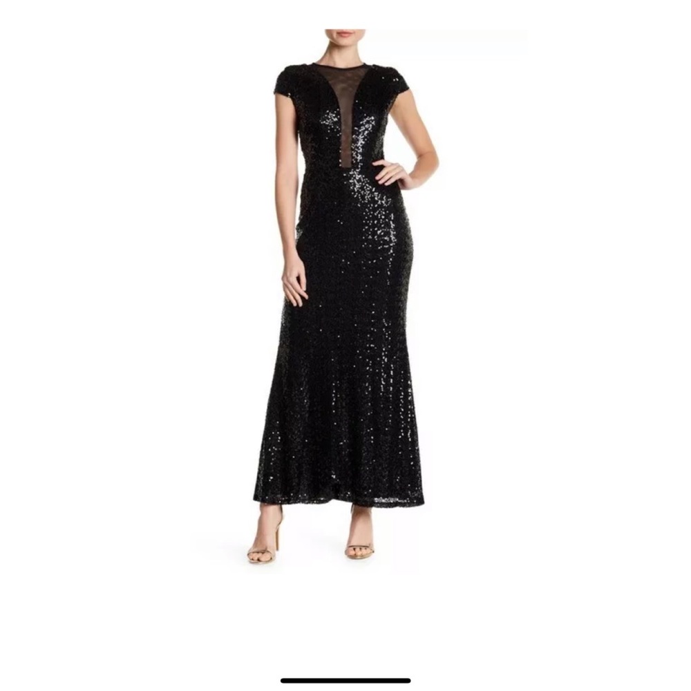 Marina Mesh Inset Sequin Cap Sleeve Gown black